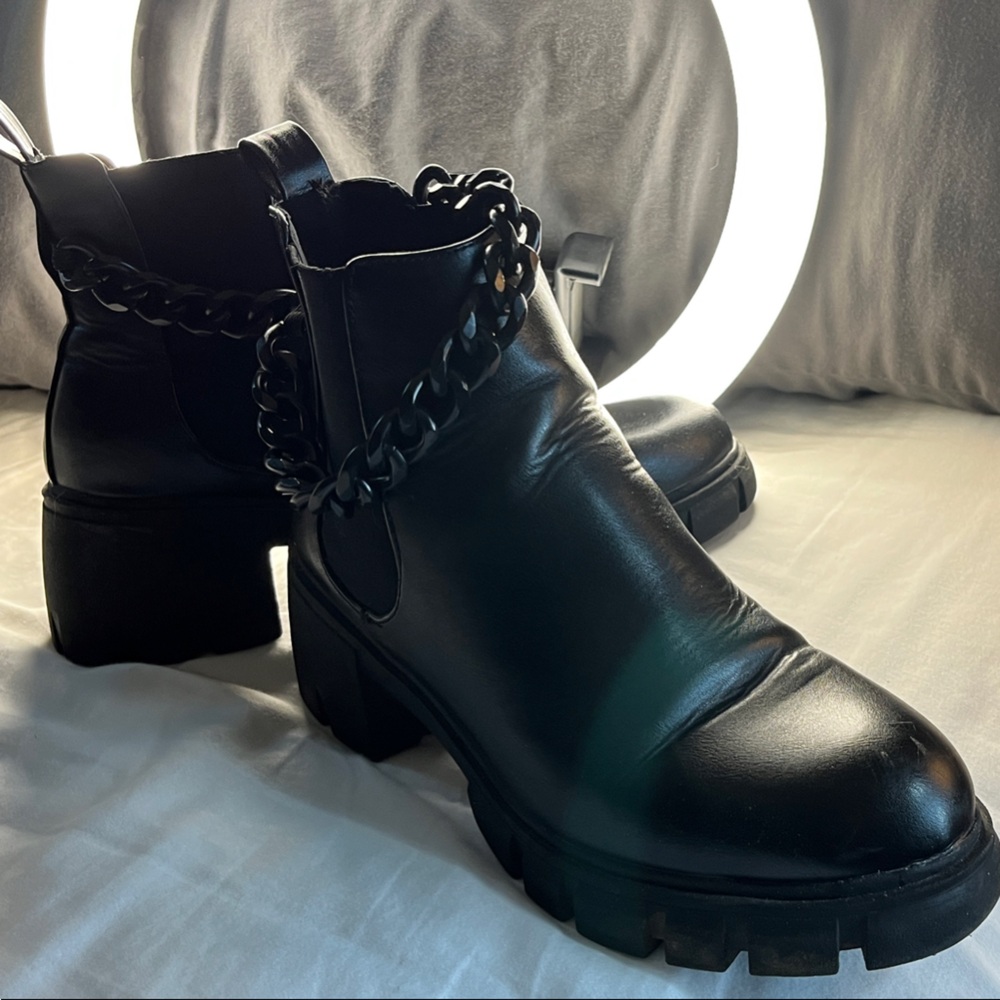 Black Leather Ankle Boots with Chain Detail